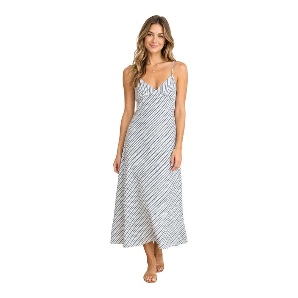 Michael Kors Blue White Striped V-Neck Midi Slip Dress Romantic Casual